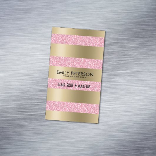 Moderne elegante roze glitter en gouden strepen magnetisch visitekaartje (Voorbeeld)