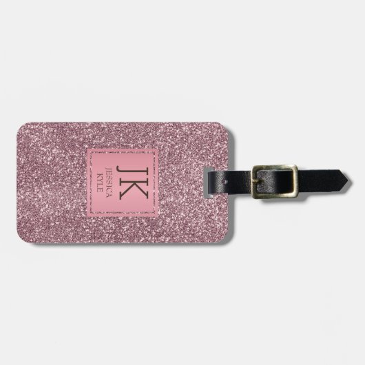 Moderne Elegante Roze Glitter Monogrammed Naam Bagagelabel (Voorkant horizontaal)