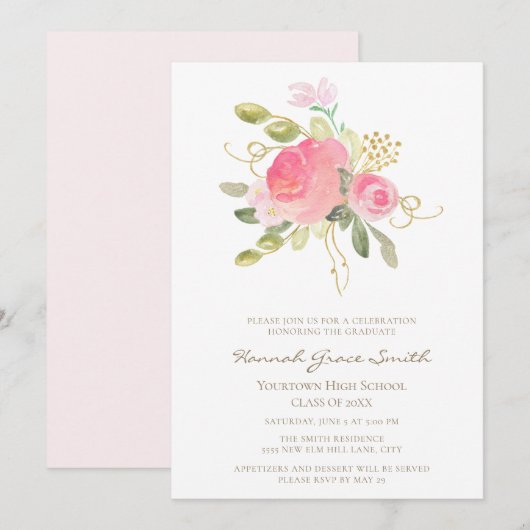 Moderne Elegante Roze Goud Bloemige Afstuderen Kaart (Voorkant / Achterkant)