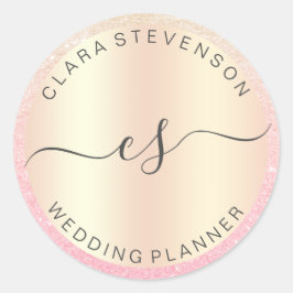Moderne elegante roze gouden glinsterende trouwpla ronde sticker