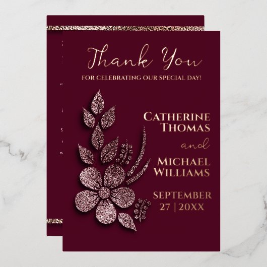 Moderne Elegante Roze Gouden Glitter Bloem en Bour Folie Uitnodiging (Voorkant / Achterkant)