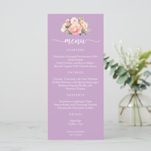 Moderne Elegante Roze Pioen Lila Bruiloftsmenu Menu (Staand voorkant)