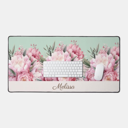 Moderne Elegante Roze Pioenrozen Bloemen Bureaumat (Keyboard & Muis)
