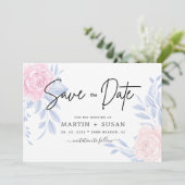 Moderne Elegante Roze Roos Blauwe Minimalistische Save The Date (Staand voorkant)