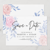Moderne Elegante Roze Roos Blauwe Minimalistische Save The Date (Voorkant / Achterkant)