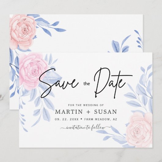 Moderne Elegante Roze Roos Blauwe Minimalistische Save The Date (Voorkant / Achterkant)