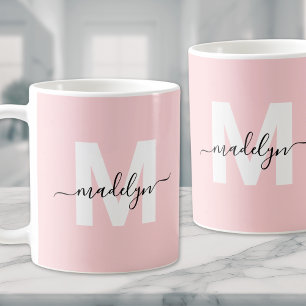 Moderne Elegante Roze Roos Monogram Koffiemok