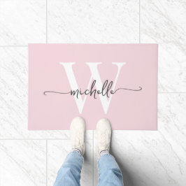 Moderne Elegante Roze Roos Monogram Naam Script Deurmat