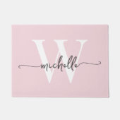 Moderne Elegante Roze Roos Monogram Naam Script Deurmat (Voorkant)