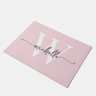 Moderne Elegante Roze Roos Monogram Naam Script Deurmat