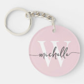 Moderne Elegante Roze Roos Monogram Naam Script Sleutelhanger (Voorkant)