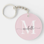 Moderne Elegante Roze Roos Monogram Naam Script Sleutelhanger (Voorkant)