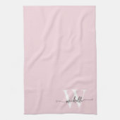 Moderne Elegante Roze Roos Monogram Naam Script Theedoek (Verticaal)