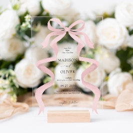 Moderne Elegante Roze Roze Strik Monogram Bruiloft Acryl Uitnodigingen