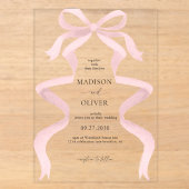 Moderne Elegante Roze Roze Strik Monogram Bruiloft Acryl Uitnodigingen (Voorkant)
