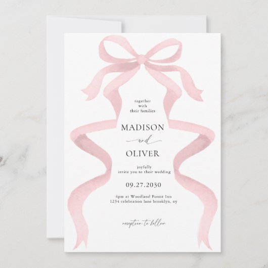 Moderne Elegante Roze Roze Strik Monogram Bruiloft Kaart (Voorkant)