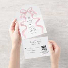Moderne Elegante Roze Strik Monogram Huwelijk All In One Uitnodiging