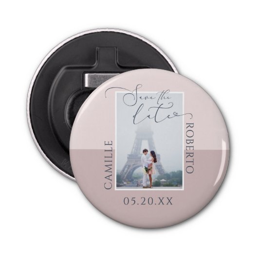Moderne & Elegante Roze Tweekleurige Foto Save The Button Flesopener (Voorkant)