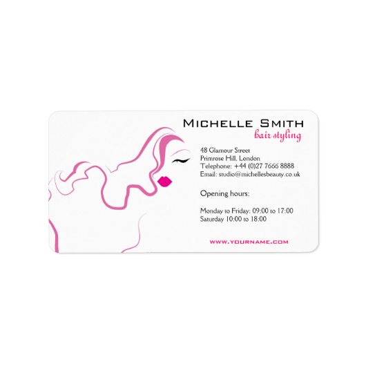 Moderne elegante roze witte kapster schoonheid mei etiket (Voorkant)