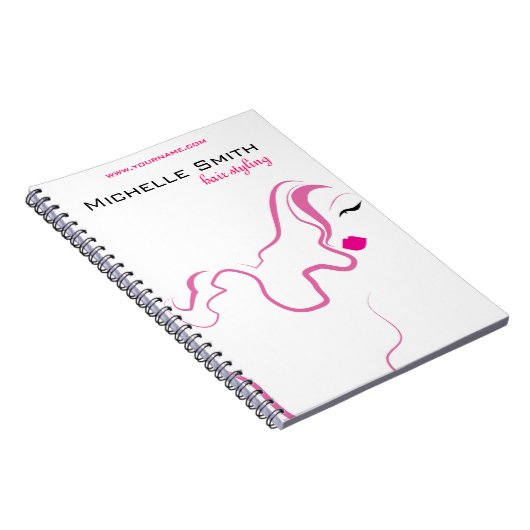 Moderne elegante roze witte kapster schoonheid mei notitieboek (Rechterzijde)