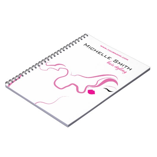 Moderne elegante roze witte kapster schoonheid mei notitieboek (Linkerzijde)