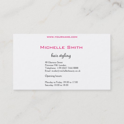 Moderne elegante roze witte kapster schoonheid mei visitekaartje (Achterkant)