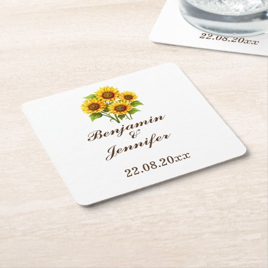 Moderne elegante rustieke Boho zonnebloem bruiloft Kartonnen Onderzetters (Schuin)