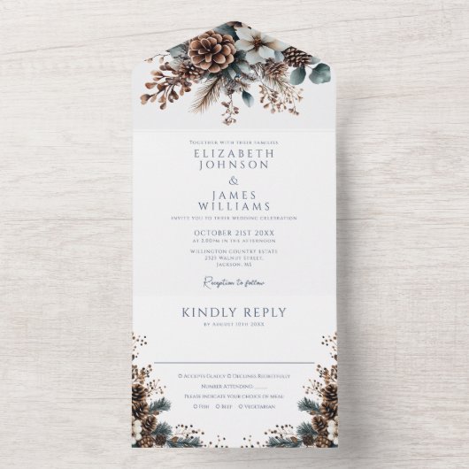 Moderne Elegante Rustieke Pinecone Bloemen Huwelij All In One Uitnodiging (Binnen)