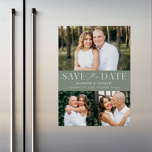 Moderne Elegante Sage Green 3 Foto Save the Date Magnetische Uitnodiging