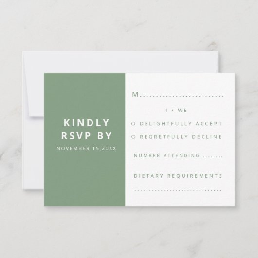 Moderne elegante Sage Green minimalistische bruilo RSVP Kaartje (Voorkant)