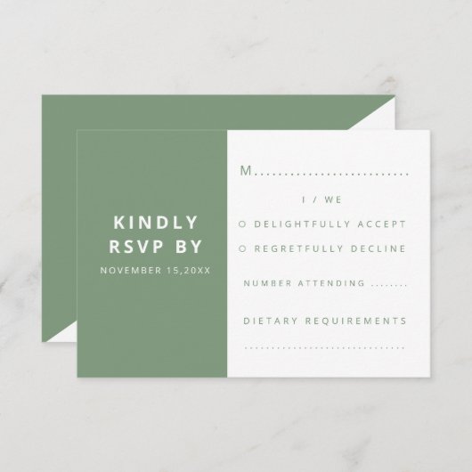 Moderne elegante Sage Green minimalistische bruilo RSVP Kaartje (Voorkant / Achterkant)