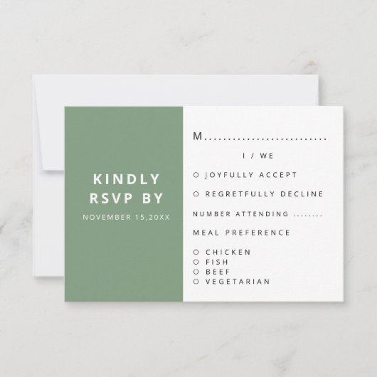 Moderne elegante Sage Green minimalistische bruilo RSVP Kaartje (Voorkant)