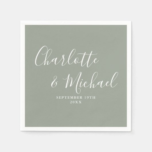 Moderne Elegante Sage Green Signature Script Weddi Servet (Voorkant)