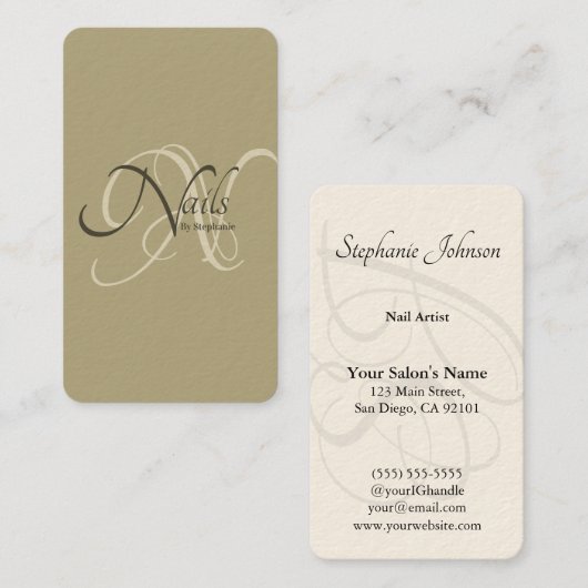 Moderne Elegante Sage Groene Monogram Nagelkunsten Visitekaartje (Voorkant / Achterkant)