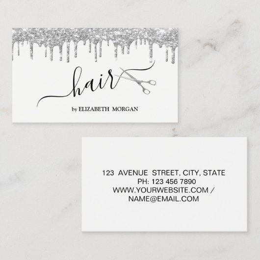 Moderne elegante schaar Zilveren Glitter Stappen Visitekaartje (Voorkant / Achterkant)