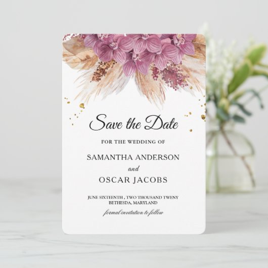 Moderne Elegante Schoonheid Roze Orchidee & Pampas Save The Date (Staand voorkant)