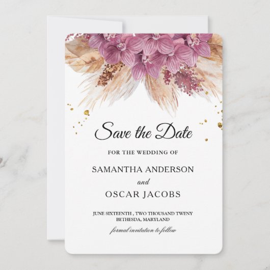 Moderne Elegante Schoonheid Roze Orchidee & Pampas Save The Date (Voorkant)