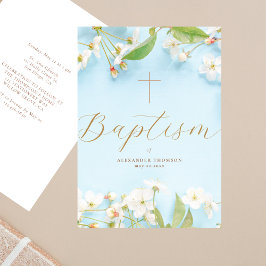 Moderne Elegante Schrift Blau Bloemige Kruis Doop Kaart