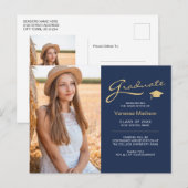 Moderne Elegante Schrift Navyblauw | 2 Foto Grad Briefkaart (Voorkant / Achterkant)