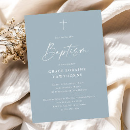 Moderne Elegante Schrift Stof Blauw Jongens Doop Kaart