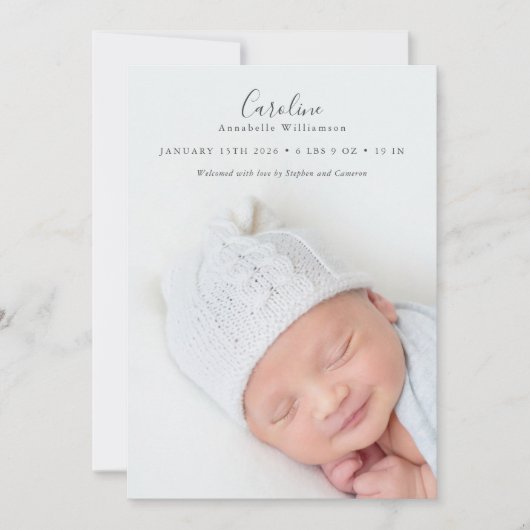 Moderne Elegante Script 2 Foto Overlay Stats Geboo Aankondiging (Voorkant)