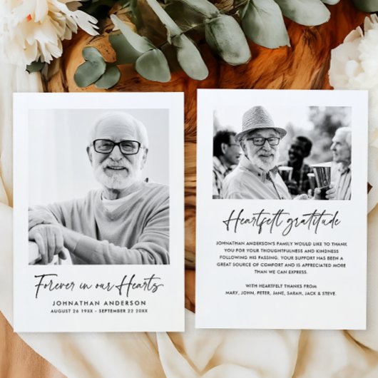 Moderne Elegante Script 2-Foto Rouw-/Herdenkingsdi Bedankkaart