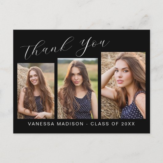Moderne Elegante Script 3 Foto Afstudeer Bedankje Briefkaart (Voorkant)