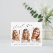 Moderne Elegante Script 3 Foto Afstudeer Bedankt Briefkaart (Staand voorkant)