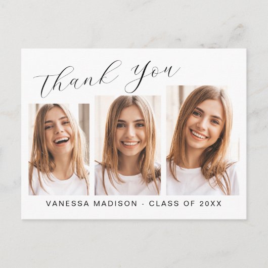 Moderne Elegante Script 3 Foto Afstudeer Dank Je Briefkaart (Voorkant)