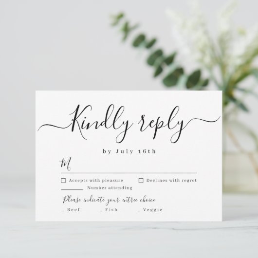 Moderne, elegante script bruiloft RSVP Kaartje (Staand voorkant)