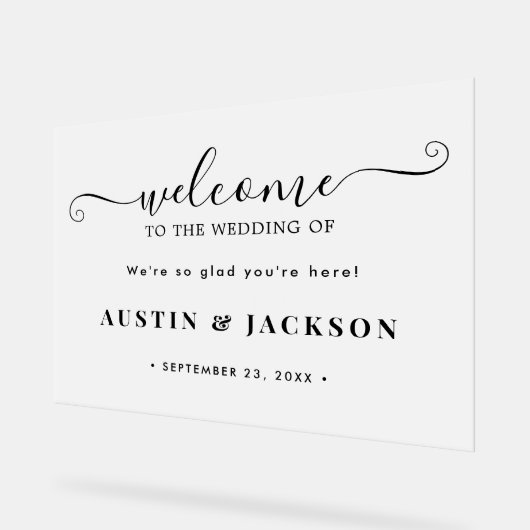 Moderne Elegante Script Bruiloft Verwelkoming  Acryl Bord (Hoek)