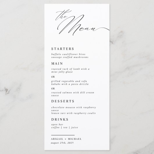 Moderne Elegante Script Calligrafie Trouwdiner Menu (Voorkant)