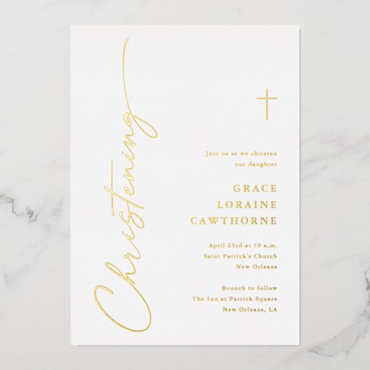 Moderne Elegante Script Doop Goud Folie Uitnodiging (Voorkant)