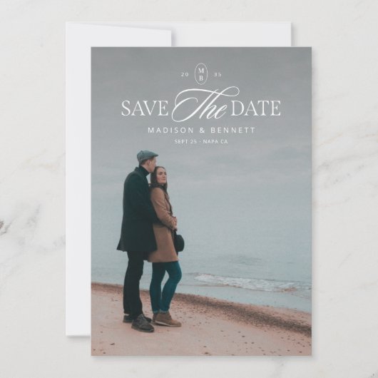 Moderne Elegante Script Dubbelzijdige Foto Wit Save The Date (Voorkant)
